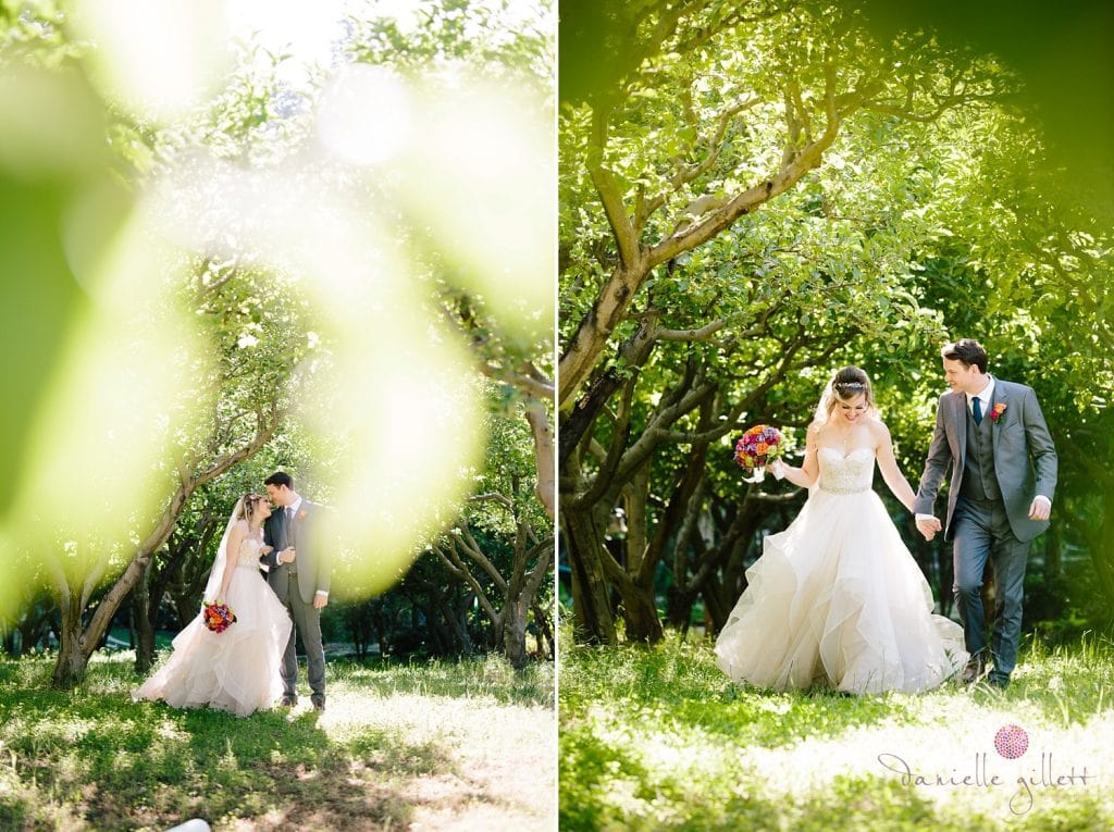 Bride and Groom in orchard at Nestldown Wedding