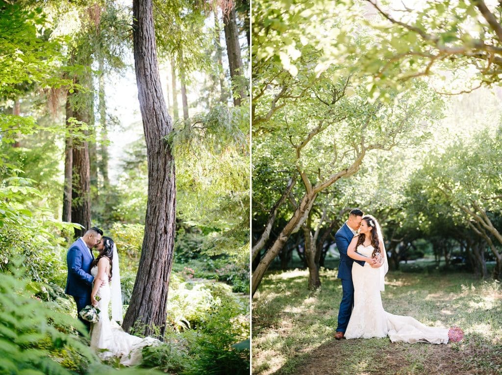 Nestldown Wedding, Bride and groom in redwoods at Nestldown