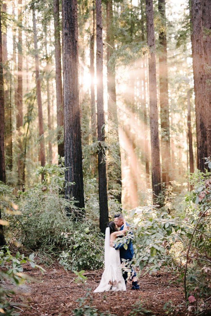 Nestldown Wedding, Bride and groom in redwoods at Nestldown
