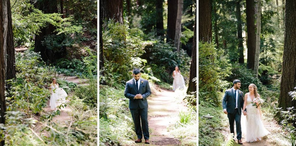 Bride and Groom First look in redwoods, Nestldown Wedding Photography, Redwood Wedding in Santa Cruz, Outdoor Wedding, Catholic Indian Wedding, Nestldown Wedding Photographer