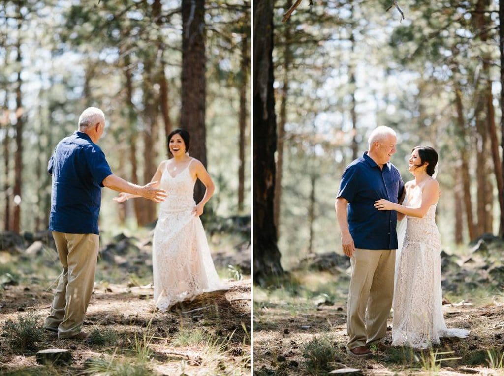 Sunriver Wedding Photographer, first look for father and daughter at sunriver wedding in Bend Oregon.